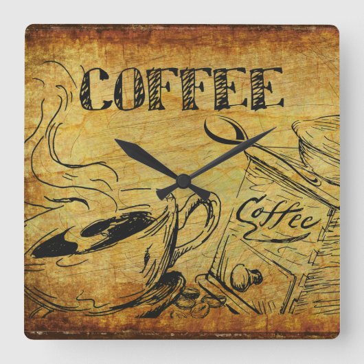 ヴィンテージコーヒーカップ古いコファッションドーヒースグラインダー スクエア壁時計 (正面)