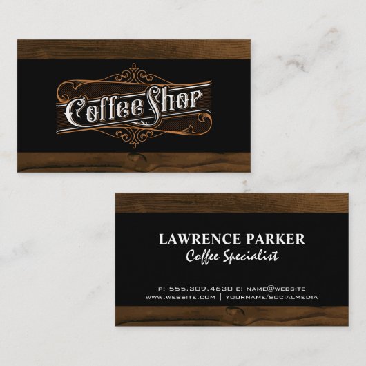 ヴィンテージコーヒーショップレタリング | 木製トリム 名刺 (正面/裏面)