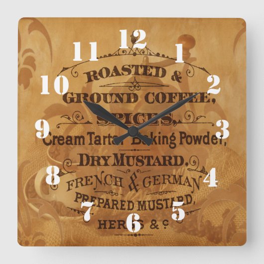 ヴィンテージコーヒー華美デザインキッチン スクエア壁時計 (正面)
