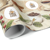 ヴィンテージコーヒー豆&カップパターンショップブランドロゴ ラッピングペーパー (ロールコーナー)