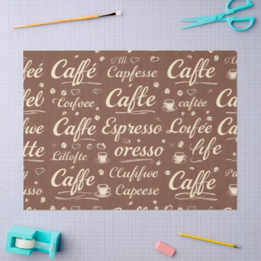 ヴィンテージコーヒー豆&カップパターンティッシュペーパー- 薄葉紙 (クラフト)