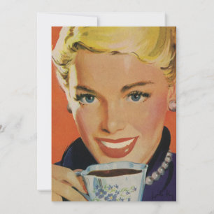 ヴィンテージコーヒー、ハッピーな女性とレトロなコーヒーカップ 招待状