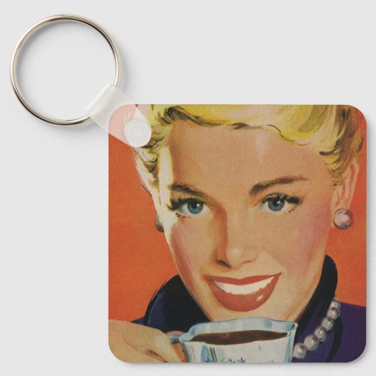 ヴィンテージコーヒー、ハッピーウーマンとレトロコーヒーカップ キーホルダー (正面)