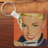 ヴィンテージコーヒー、ハッピーウーマンとレトロコーヒーカップ キーホルダー (正面)