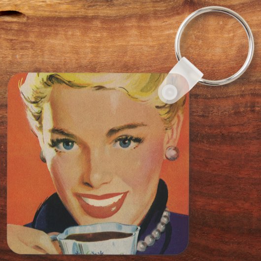 ヴィンテージコーヒー、ハッピーウーマンとレトロコーヒーカップ キーホルダー (裏面)