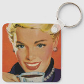 ヴィンテージコーヒー、ハッピーウーマンとレトロコーヒーカップ キーホルダー (裏面)