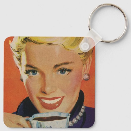 ヴィンテージコーヒー、ハッピーウーマンとレトロコーヒーカップ キーホルダー (裏面)