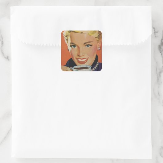 ヴィンテージコーヒー、ハッピーウーマンとレトロコーヒーカップ スクエアシール (バッグ)