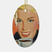 ヴィンテージコーヒー、ハッピーウーマンとレトロコーヒーカップ セラミックオーナメント (左)