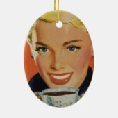 ヴィンテージコーヒー、ハッピーウーマンとレトロコーヒーカップ セラミックオーナメント (裏面)