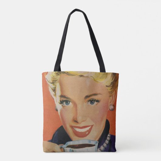 ヴィンテージコーヒー、ハッピーウーマンとレトロコーヒーカップ トートバッグ (裏面)