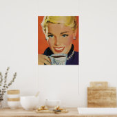 ヴィンテージコーヒー、ハッピーウーマンとレトロコーヒーカップ ポスター (キッチン)