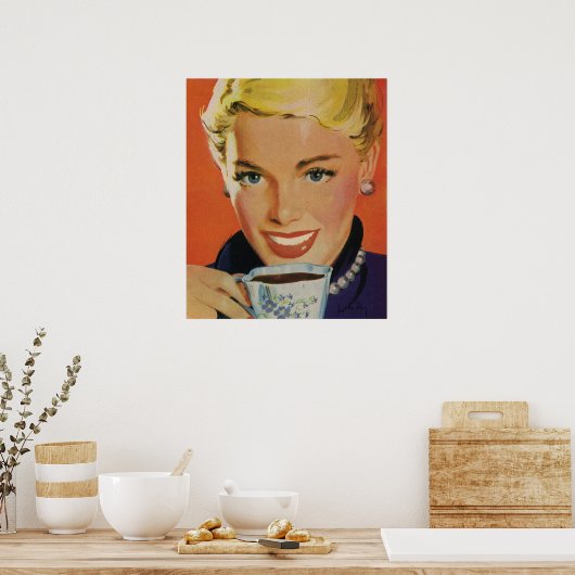 ヴィンテージコーヒー、ハッピーウーマンとレトロコーヒーカップ ポスター (キッチン)