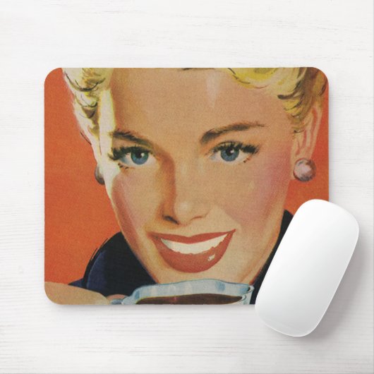 ヴィンテージコーヒー、ハッピーウーマンとレトロコーヒーカップ マウスパッド (マウス)