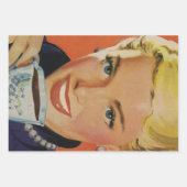 ヴィンテージコーヒー、ハッピーウーマンとレトロコーヒーカップ ラッピングペーパーシート (正面)