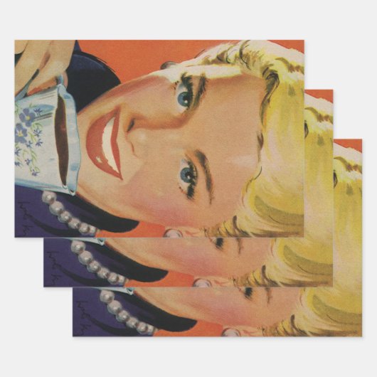 ヴィンテージコーヒー、ハッピーウーマンとレトロコーヒーカップ ラッピングペーパーシート (セット)