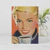 ヴィンテージコーヒー、ハッピーウーマンとレトロコーヒーカップ 招待状 (スタンド正面)