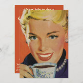 ヴィンテージコーヒー、ハッピーウーマンとレトロコーヒーカップ 招待状 (正面/裏面)