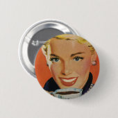 ヴィンテージコーヒー、ハッピーウーマンとレトロコーヒーカップ 缶バッジ (正面&裏面)