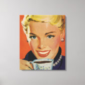 ヴィンテージコーヒー、レトロなコーヒーカップを持つ幸せな女性 キャンバスプリント (正面)