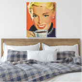 ヴィンテージコーヒー、レトロなコーヒーカップを持つ幸せな女性 キャンバスプリント (インサイチュ (寝室))