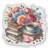 ヴィンテージコーヒー、本、花 シール (正面)