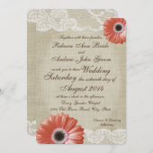 ヴィンテージコーラルガーベラデイジーアンドレース結婚ズ 招待状 (正面/裏面)