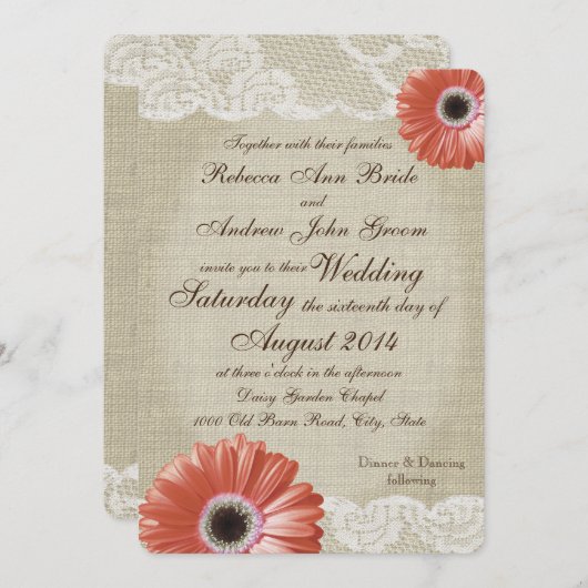 ヴィンテージコーラルガーベラデイジーアンドレース結婚ズ 招待状 (正面/裏面)