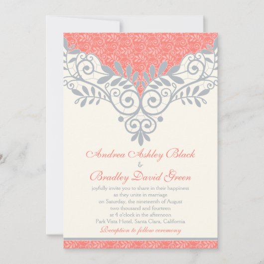 ヴィンテージコーラルシルバーグレーレース結婚式招待状 招待状 (正面)