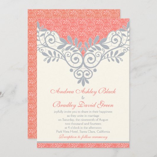 ヴィンテージコーラルシルバーグレーレース結婚式招待状 招待状 (正面/裏面)