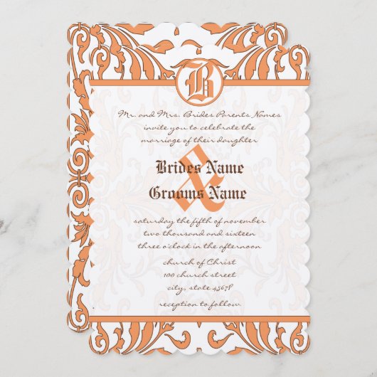 ヴィンテージコーラル&ブラウンダマスウェディング招待状 招待状 (正面/裏面)