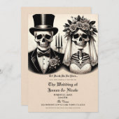 ヴィンテージゴシックのスケルトン新郎新婦結婚ズ 招待状 (正面/裏面)