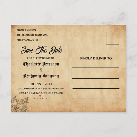 ヴィンテージゴシックのハロウィーン結婚式の日付を保存 案内ポストカード (裏面)
