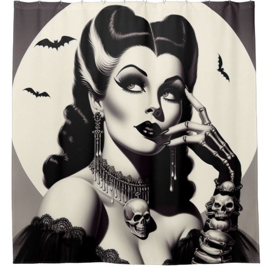 ヴィンテージゴシックのピンアップ シャワーカーテン (正面)