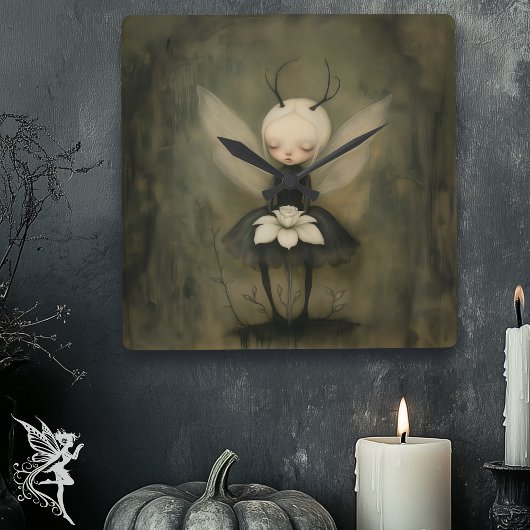 ヴィンテージゴシックの妖精&ホワイトフラワーダークファンタジー スクエア壁時計