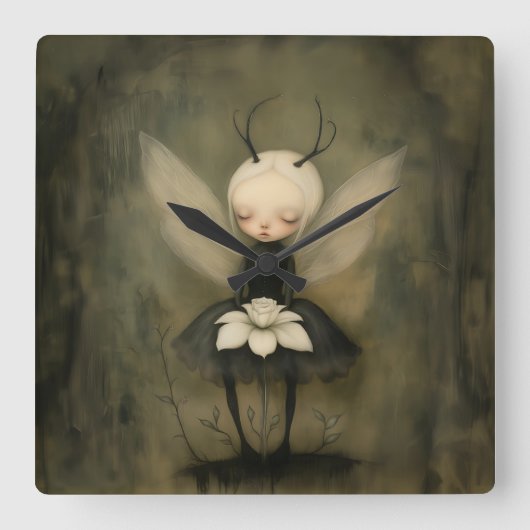 ヴィンテージゴシックの妖精&ホワイトフラワーダークファンタジー スクエア壁時計 (正面)