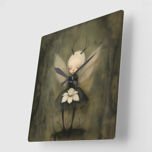 ヴィンテージゴシックの妖精&ホワイトフラワーダークファンタジー スクエア壁時計 (傾斜)
