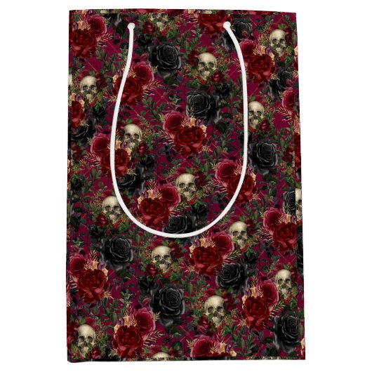 ヴィンテージゴシックスカルとバラ赤と黒 ミディアムペーパーバッグ (正面)