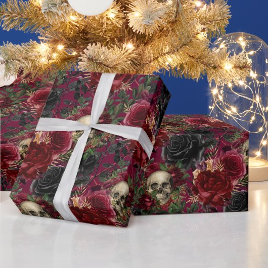 ヴィンテージゴシックスカルとバラ赤と黒 ラッピングペーパー (クリスマス)