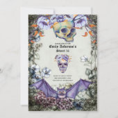 ヴィンテージゴシックスカルスウィート16紫オレンジ色の花 招待状 (正面)