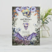 ヴィンテージゴシックスカルスウィート16紫オレンジ色の花 招待状 (スタンド正面)