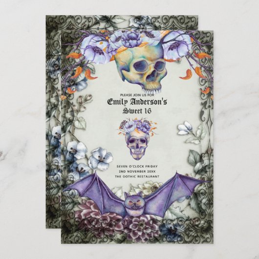 ヴィンテージゴシックスカルスウィート16紫オレンジ色の花 招待状 (正面/裏面)