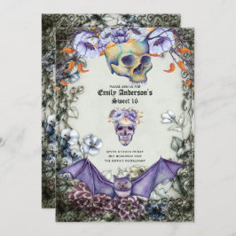 ヴィンテージゴシックスカルスウィート16紫オレンジ色の花 招待状