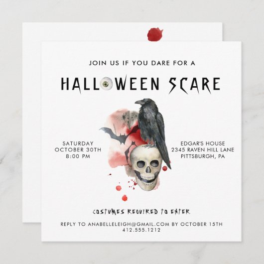 ヴィンテージゴシックスカルレイベン不気味ハローウィンパーティ 招待状 (正面/裏面)