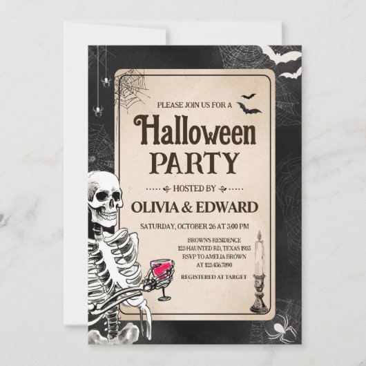 ヴィンテージゴシックスカル大人ハローウィンパーティ 招待状 (正面)