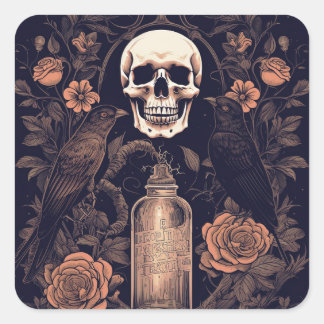 ヴィンテージゴシックスケルトンスカルレイヴンポイズンハロウィーン スクエアシール