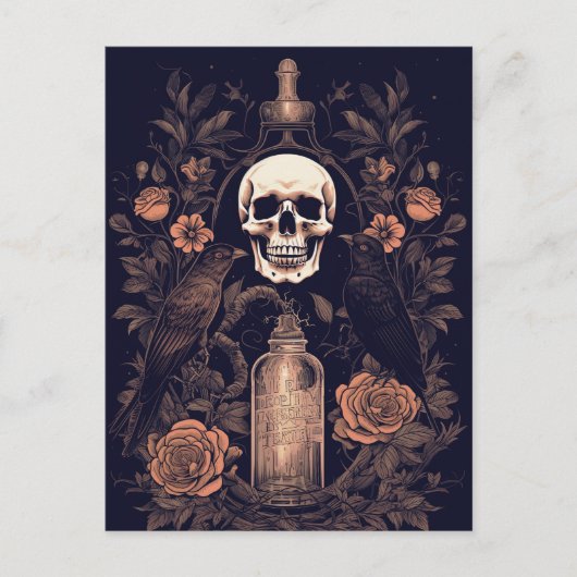 ヴィンテージゴシックスケルトンスカルレイヴンポイズンハロウィーン ポストカード (正面)