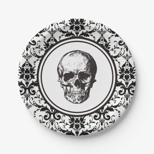 ヴィンテージゴシックダマスクパターンスカルハロウィーン ペーパープレート (正面)