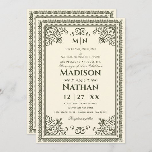ヴィンテージゴシックビクトリアン結婚オリーブグリーン 招待状 (正面/裏面)