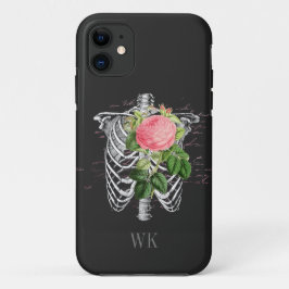 ヴィンテージゴシックピンクのバラ骸骨モノグラム iPhone 11 ケース